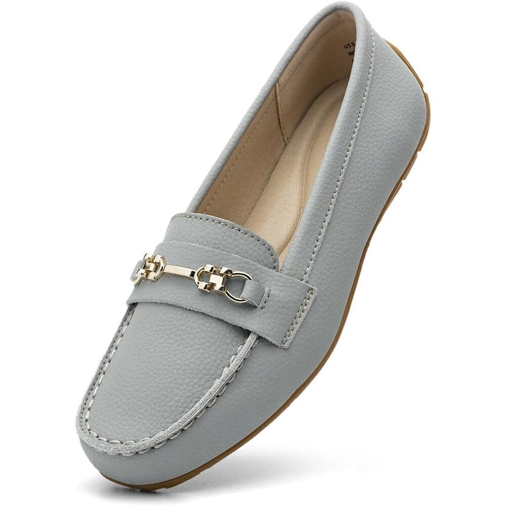 Kordal Women's Light Grey Leather Gold Accent Buckle Slip-Ons Walking Loafers